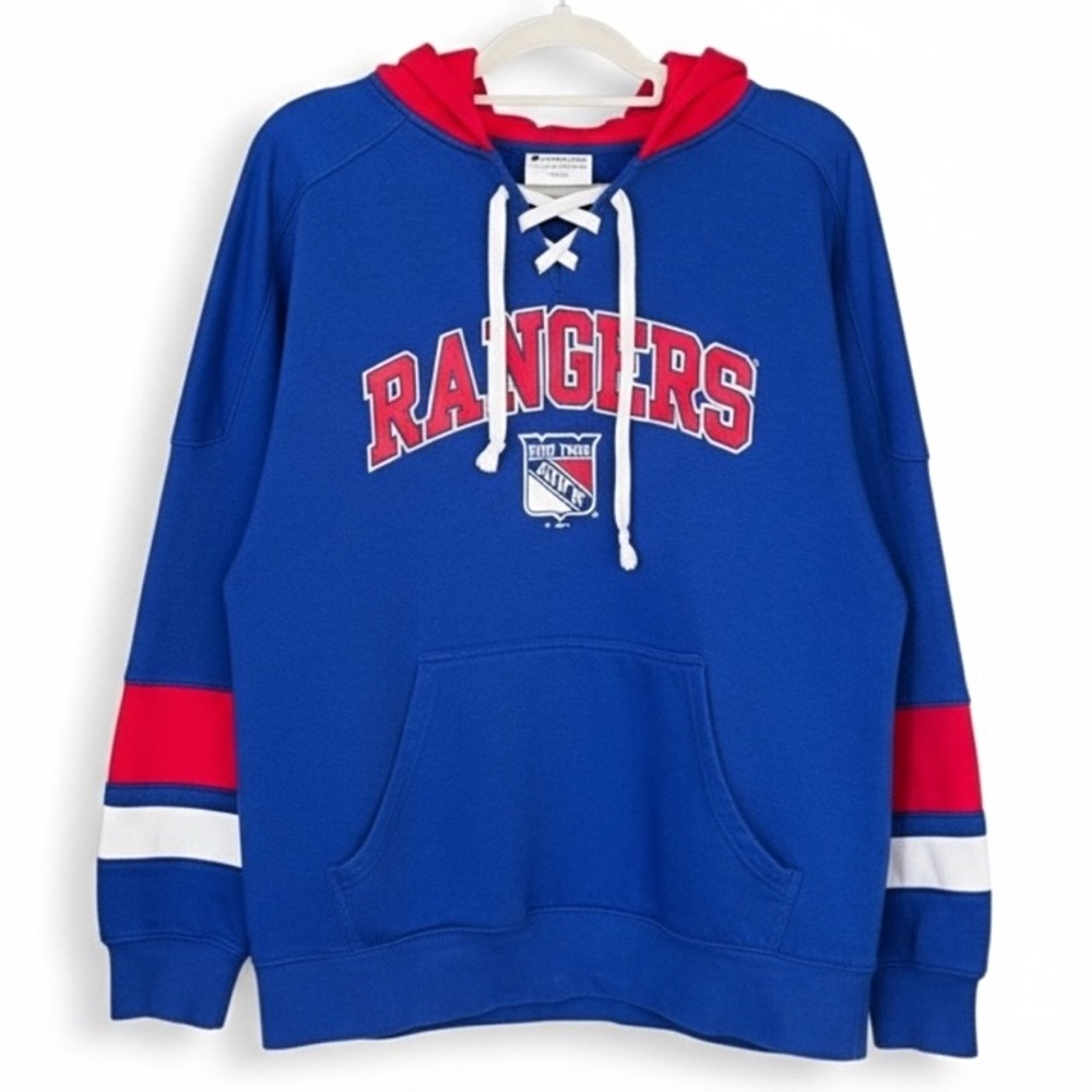 CHAMPION New York Rangers NHL Hockey Lace-Up Hoodie Royal Blue Red Medium